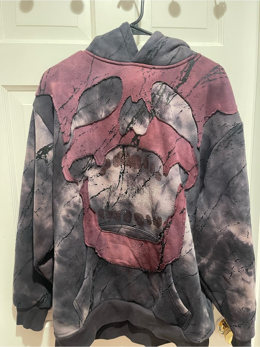 Womens Hooded Pullover Sweatshirt in Dusty Pink and Charcoal with Graphic Skull